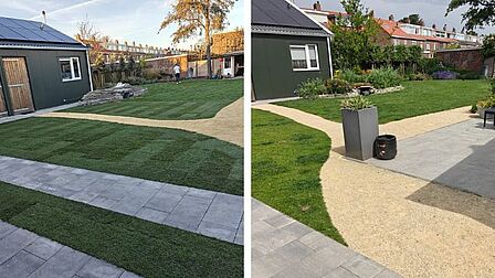 De tuin van familie Freericks is ten opzichte van een jaar geleden flink veranderd. Op de linkerfoto zie je de oude situatie, waarin meerdere tegels tussen het gras liggen. Op de rechterfoto zie je de nieuwe situatie waarin de tegels uit de grond zijn gewipt.